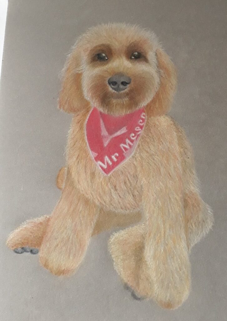 A painting of a puppy wearing a red neckerchief by a member of the Bethersden Arts Group