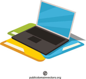 Clip art image of a laptop placed on paper files