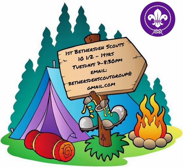 Cartoon image of a tent and camping equipment and a campfire. A notice gives details of the meeting times of 1st Bethersden scouts group