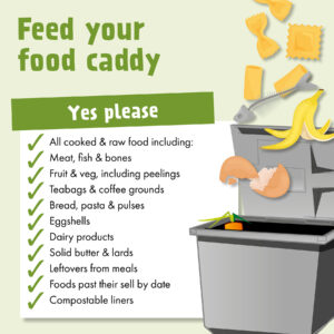 Graphic of grey food recycling bin and food waste with text listing recyclable food items