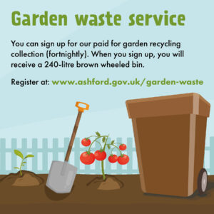 graphic of brown garden wast recycling bin, garden spade and plants against a picket fence with text advertising garden recycling service from Ashford Borough Council