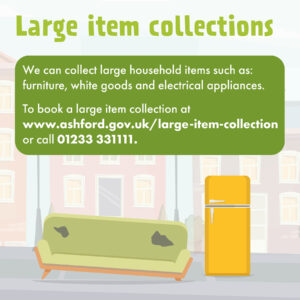 Graphic of a worn sofa and a large yellow fridge on a street and text describing large household item collection service from Ashford Borough Council