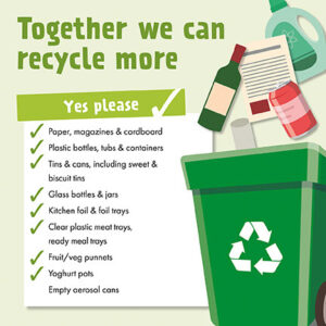 Graphic of a green recycling bin and recyclable waste items with text list of recyclable items