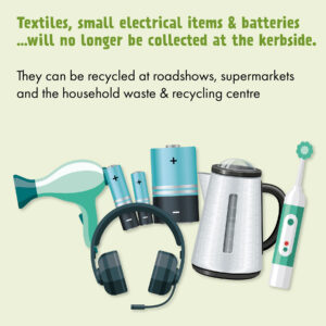 Graphic of small household electrical items with text  regarding disposal