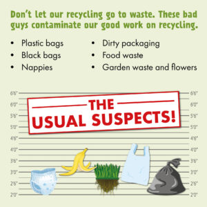 Graphic of a height chart overlaid with images of items that should not be placed in recycling bins and accompanying text